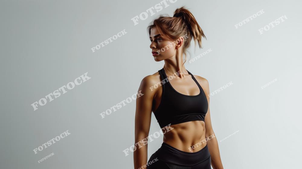 На фотографии изображена молодая девушка в черном спортивном топе и леггинсах. Ее подтянутое тело и взгляд в сторону подчеркивают решительность и спортивный настрой. Снимок идеально подходит для тем, связанных с фитнесом, спортом и мотивацией.